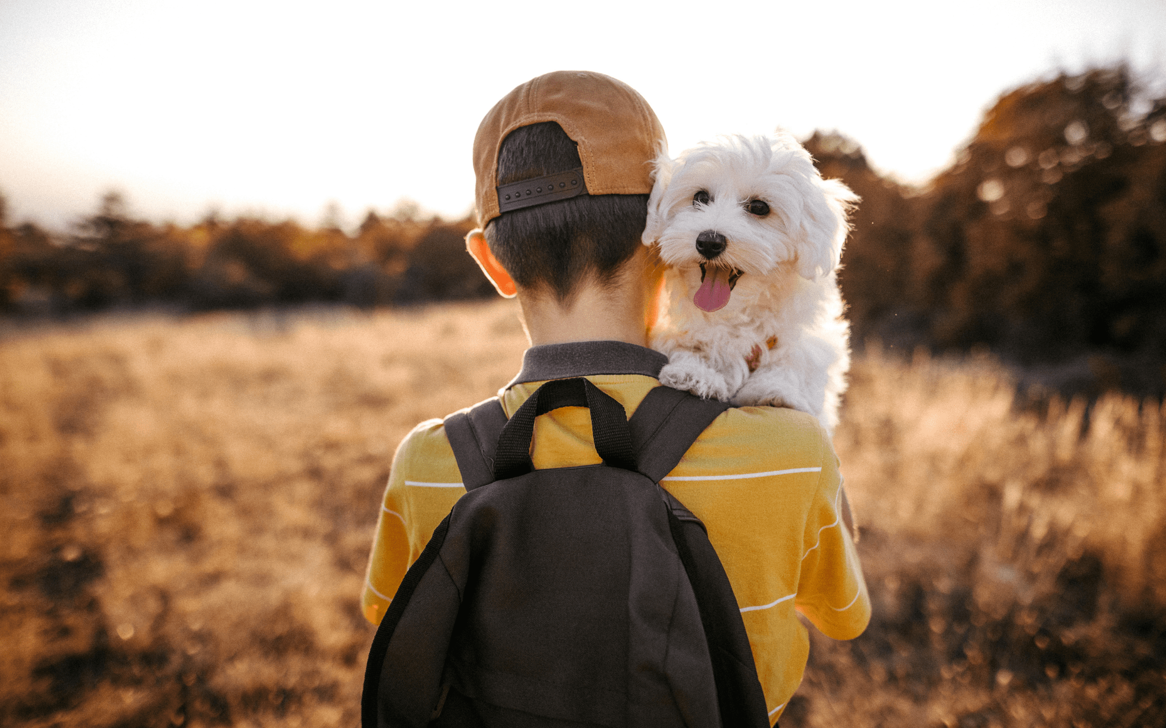 Un bambino con un caldo e una maglietta gialla con uno zaino, che porta con sé un piccolo cane bianco