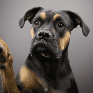Hovedskud af en sort og brun hund.