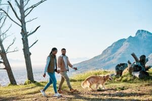 Two people walking in the mountains with their golden retriever